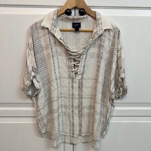 Daytrip Tan and Cream Lace-Up Sailor Collar Blouse size L.